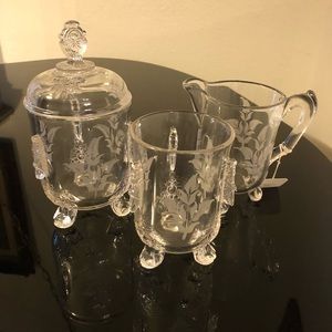 Set of 3- Footed Creamer, Sugar and Bowl. Vintage. Etched Glass.